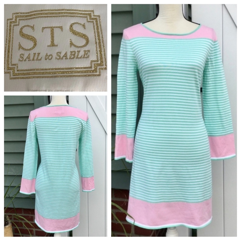 Women’s Sail To Sable Cotton Blend Knit Green Pink Stripe Long Sleeve Dress Sz L